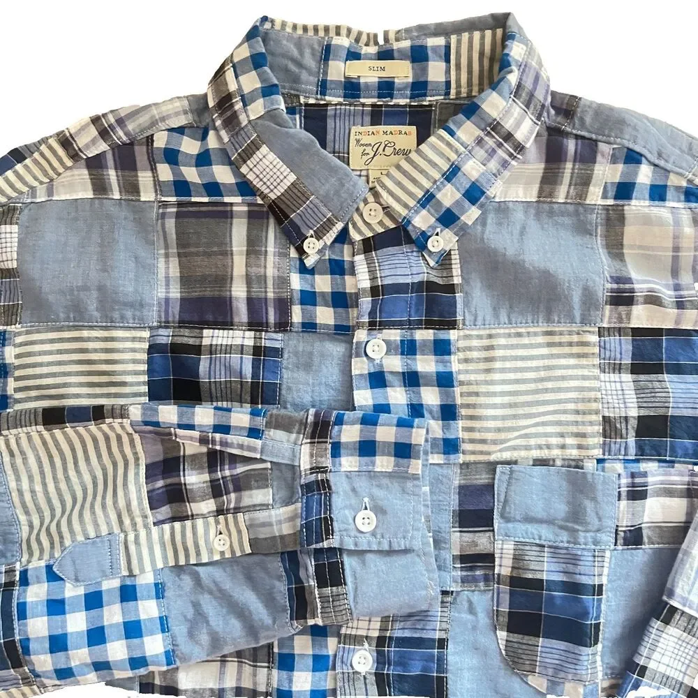 J.Crew Mens Shirt L Slim Madras Plaid Patchwork Button Down Cotton